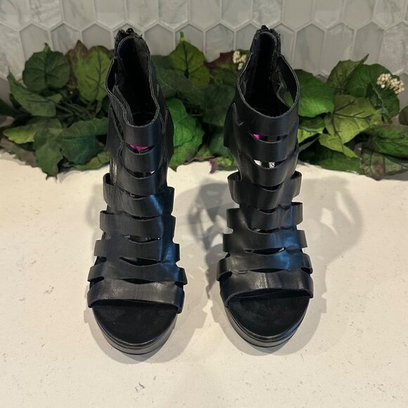 Strappy Black High Heel Sandals 8.5M By Chinese Laundry Leather Upper Peep Toe B - Picture 1 of 8